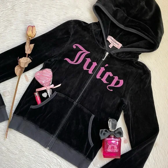 Juicy Couture 2012 velour Black full zip Hoodie with Pink glittery Logo - Picture 15 of 15